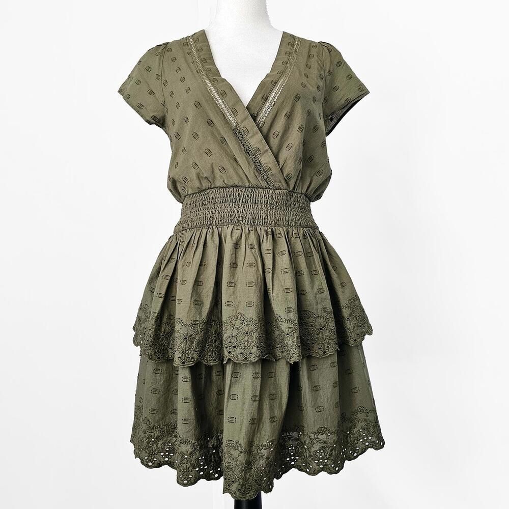 American Eagle Olive Green Tiered Mini Dress Baby Doll with Eyelet Details